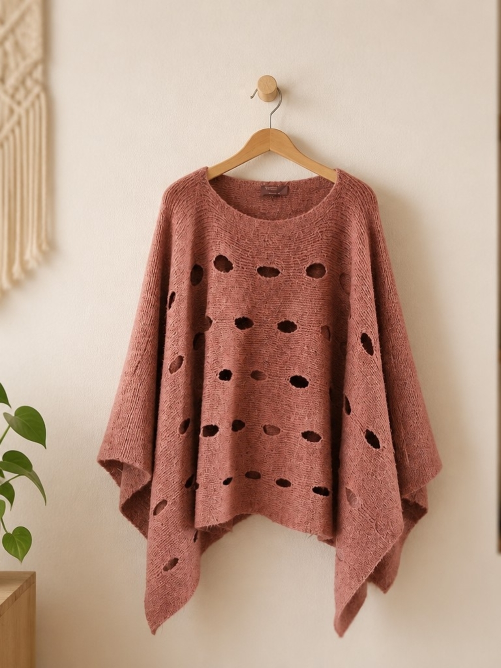 Dusty Rose Open-Weave Poncho Sweater - Women's